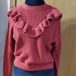 Blank NYC burgandy ruffle crop knit sweater chunky long sleeve